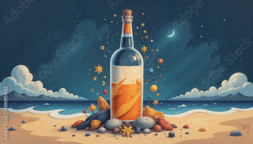 Artistic bottle with cosmic elements on beach background