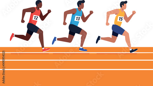 Male Sprinters Running Fast Track Race Outdoor Athletic Competition Vector Illustration 