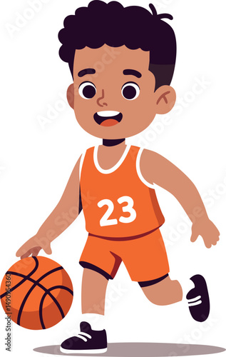 Young boy playing basketball dribbling ball in orange sportswear vector illustration 