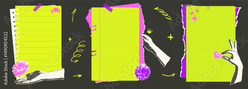 Legal pad lined papers with photocopy hands and flowers. Notebook paper background blanks set. Office supply and school sheets. Student or business template for memo binder. Vector illustration..