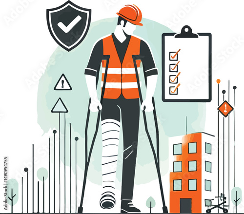 Injured construction worker with crutches represents workplace safety and risk assessment