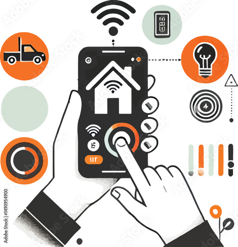 Smart home automation concept displayed on a smartphone screen with connected icons
