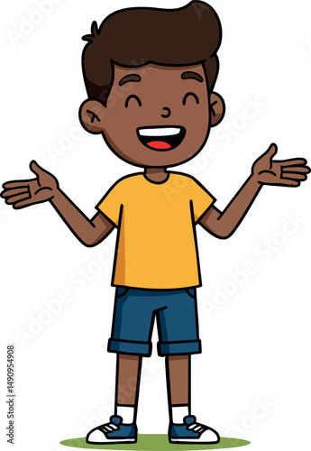 Happy smiling boy in yellow shirt and blue shorts standing with open arms vector illustration 