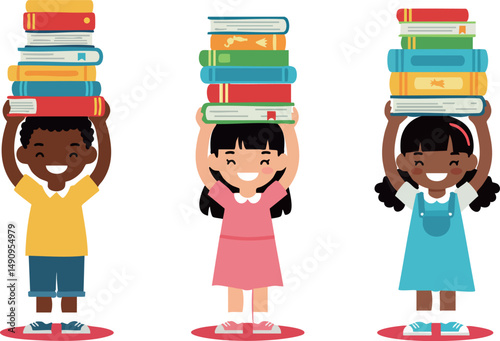 Children holding stacks of colorful books education and learning concept vector illustration 