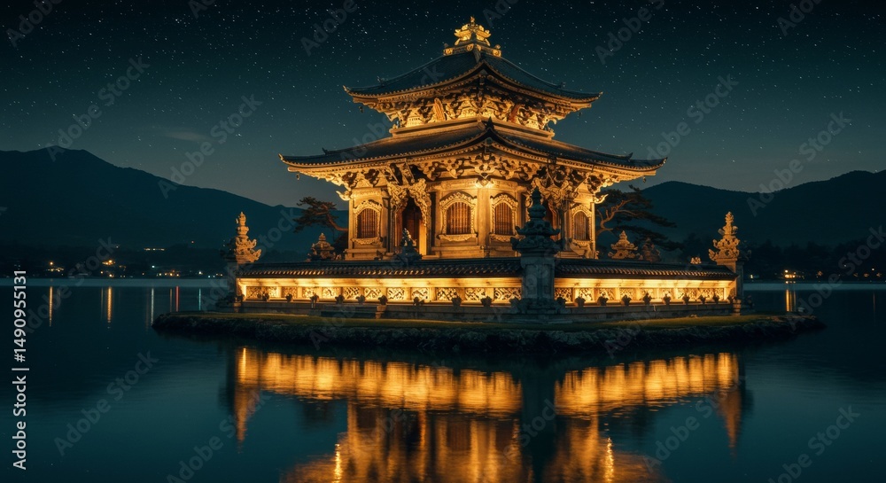 Obraz premium Serene Temple Illumination, A Nighttime Reflection of Asian Architecture