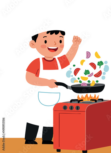 Boy cooking colorful vegetables on red stove with frying pan in kitchen vector illustration 