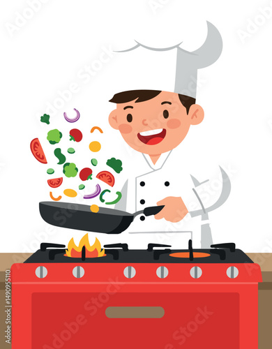 Chef Cooking Stir Fry Vegetables on Red Stove Kitchen Illustration Vector 