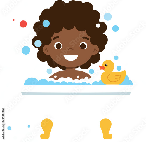Child enjoying bath time with rubber duck and bubbles in white bathtub vector illustration 