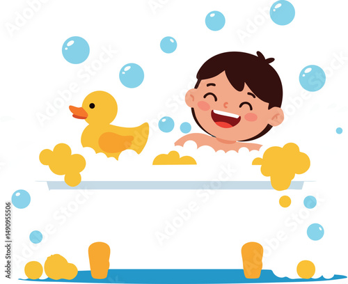 Child enjoying bubble bath with yellow rubber duck in white bathtub vector illustration 