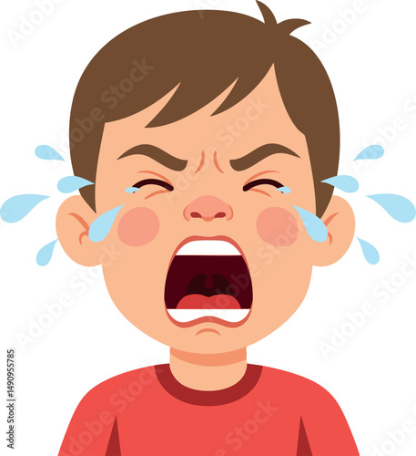 Crying boy red shirt emotional expression vector illustration 