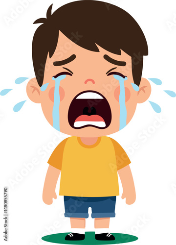 Crying toddler boy in yellow shirt and blue shorts expressing sadness vector illustration 