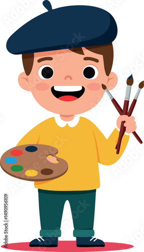 Young boy artist holding paint palette and brushes in cheerful pose vector illustration 