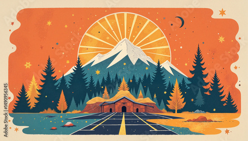 Mountain landscape with sun and trees in vibrant colors