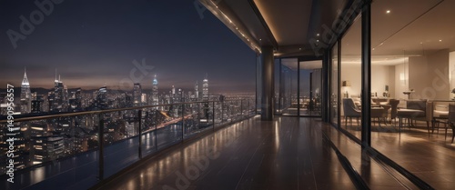 Gleaming city lights reflected in luxury apartment's glass balcony,  skyscraper,  building,  interior design