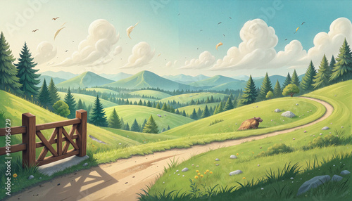 Scenic countryside landscape with green hills and a wooden gate