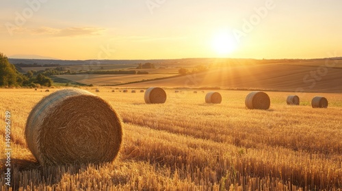 Golden hour over harvested field with round hay bales idyllic countryside