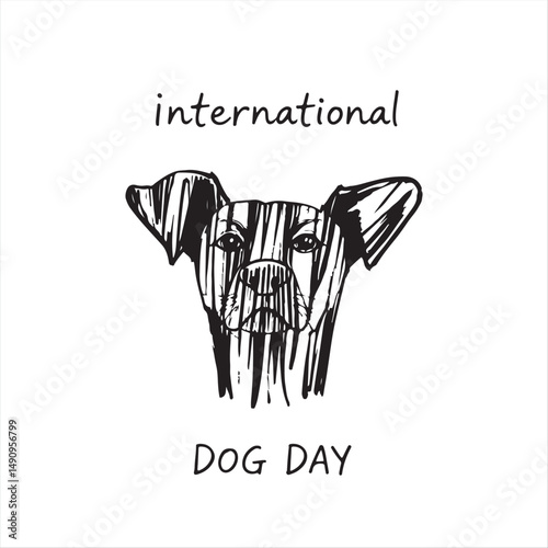 A classic black and white vector style silhouette illustration for International Dog Day.  The hand-drawn sketch features rough, textured pencil strokes, creating a timeless and elegant feel