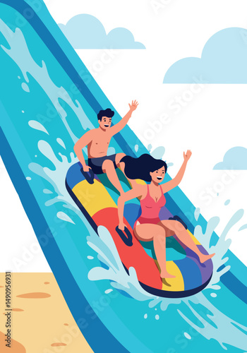 Couple enjoying colorful water slide ride with splashing waves at water park fun activity 