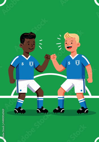 Soccer players team spirit celebrating on green field in blue uniform vector illustration 