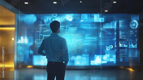 Analyzing Data Businessman Reviewing Interactive Digital Dashboard Displaying Complex Information and Key Performance Indicators
