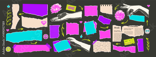 Set of torn papers stickers. Tear sheet pieces with halftone hands and flowers pack. Blanks with uneven textured edges. Newspapers cutouts. Empty colorful callout for text. Vector illustration.