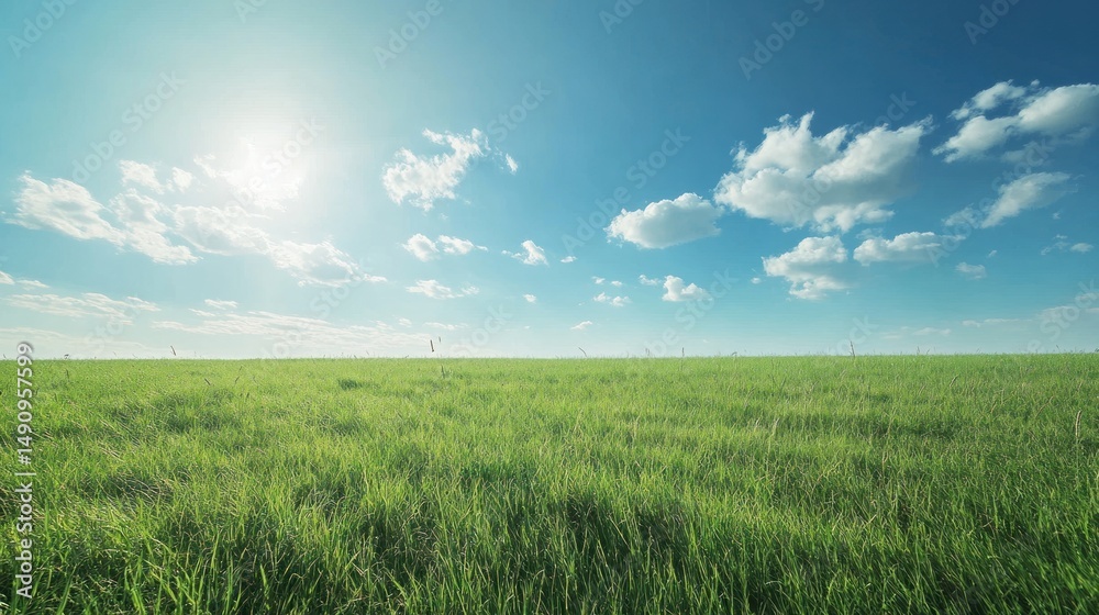 Obraz premium Expansive vista of verdant meadow under a vast cerulean sky with luminous clouds