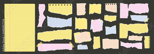 Set of torn edges legal yellow pad papers. Tear school sheet pieces. Office notebook uneven texture stickers badges. Blanks for messages and memo. Vector hand drawn colorful illustration isolated.