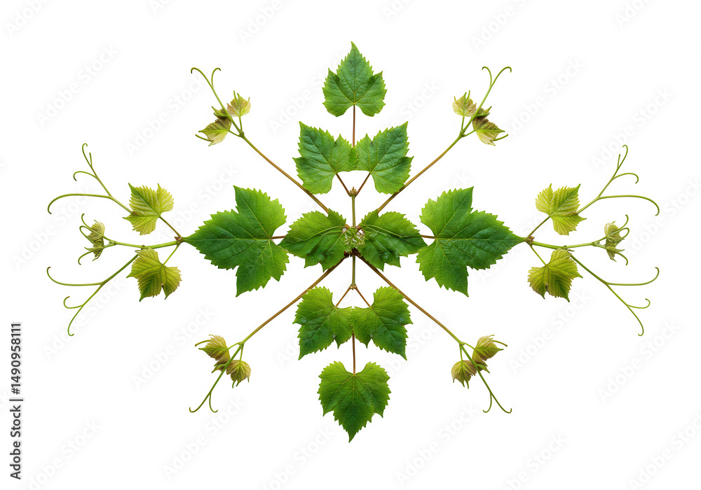 Fototapeta premium Vine leaves symmetrical design isolated on transparent background