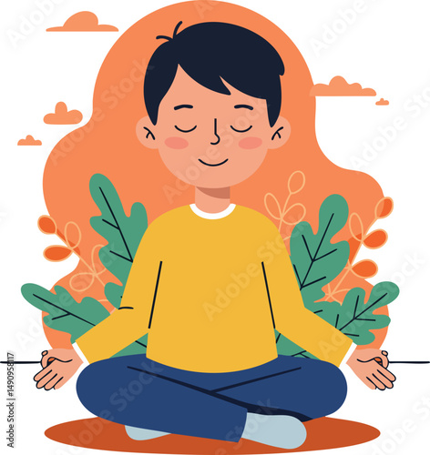 Boy meditating in lotus pose with autumn leaves and orange background vector illustration 