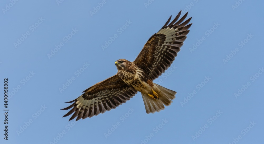 Fototapeta premium Majestic buzzard soars gracefully through the clear blue sky with outstretched wings