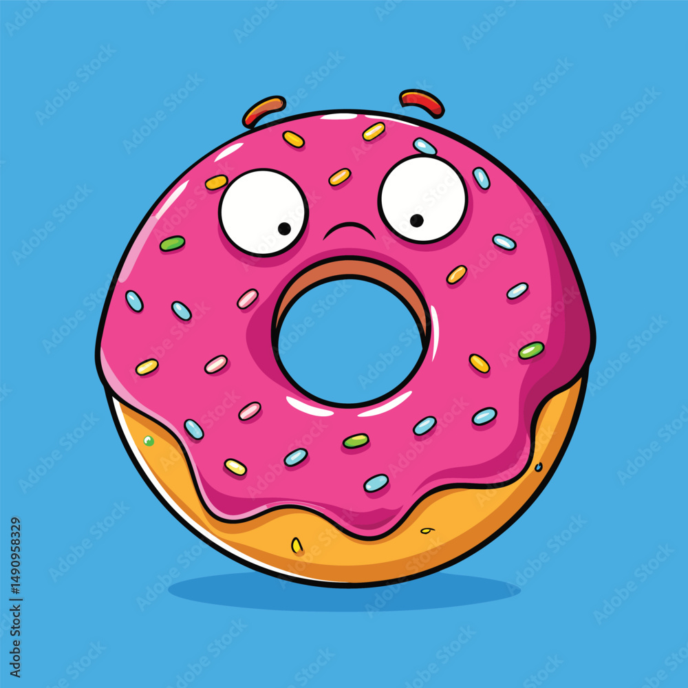 Fototapeta premium A cartoon donut with a surprised expression, pink icing, and colorful sprinkles.