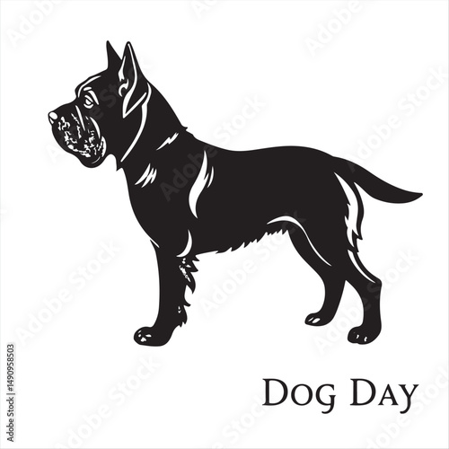 International Dog Day vector illustration a dog silhouette in a classic black and white style, with a cast bronze effect and antique patina.  Timeless and elegant, set against a clean white back