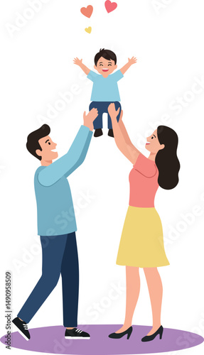 Happy family playing with child showing love and joy together in simple vector design 