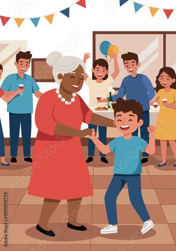 Grandmother Dancing with Boy at Family Celebration Indoor Portrait Scene 