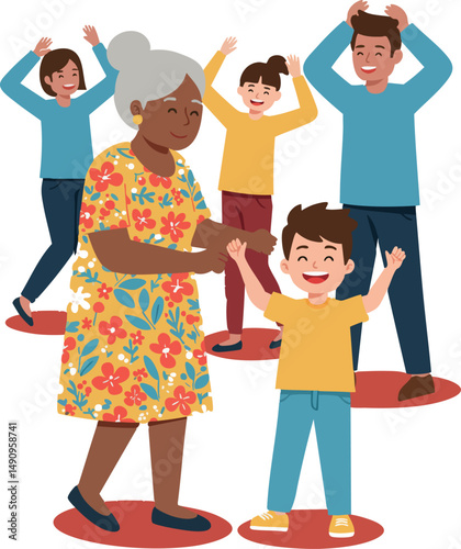 Multigenerational family playing active group game indoors with colorful clothes and happy expressions 