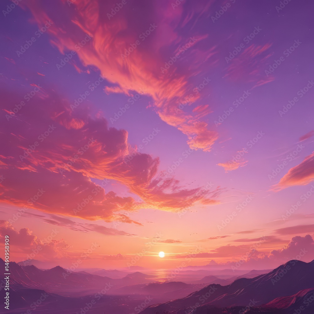 Fototapeta premium Swirling sunset hues of purple, pink & orange paint a vibrant, dreamy sky , dreamy, photo, abstract