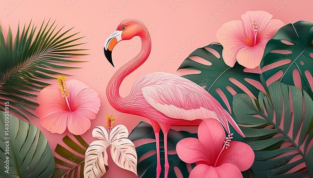 Obraz premium palm leaf monstera leaf pink hibiscus and cute flamingo in the pink background minimalism summer poster