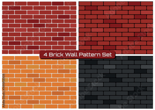 4 Brick Wall Pattern Set - Illustrations of Walls with Red, Orange and Black Bricks. Seamless Patterns.