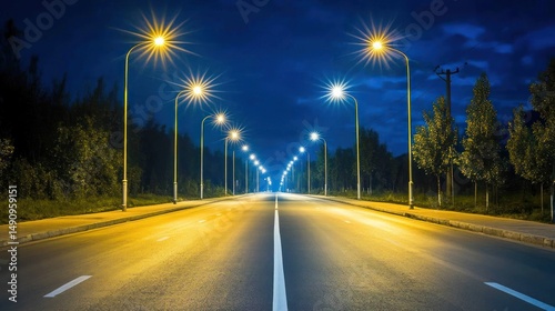Illuminated roadway stretching into the distance during twilight hours