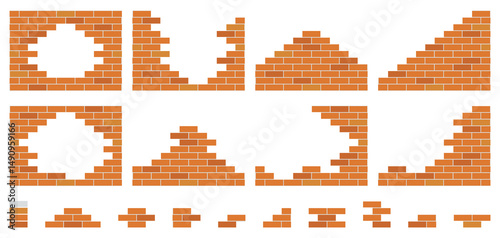Collection with 8 Models of Orange Brick Walls under Construction + Pieces for Maker.