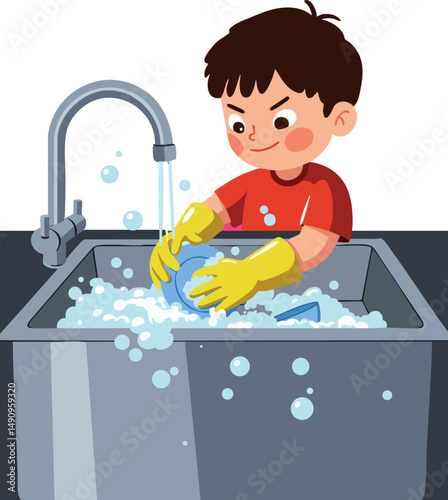 Boy washing dishes in kitchen sink with yellow gloves and red shirt vector illustration 