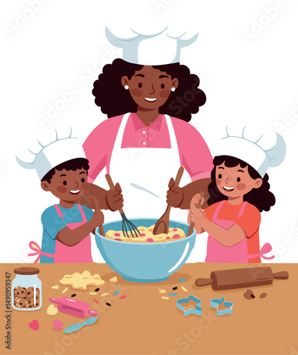Woman and children cooking together baking cookies family kitchen scene vector 