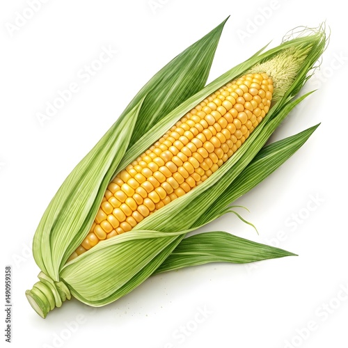 Fresh Ear of Corn with Green Husk Isolated on White Background – High-Quality Transparent Image for Food & Farm Designs