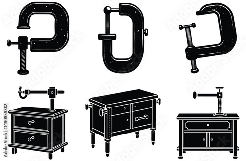 Isolated on white, a vector illustration presents a set of different metal construction and fitness equipment tools, including a black clamp and a pipe
