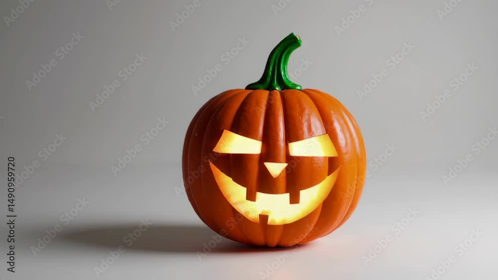Illuminated jack o lantern with a green stem on a plain background Illuminated jack o lantern with a green stem on a plain background