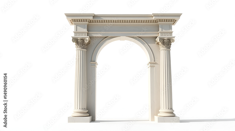 Fototapeta premium Highly detailed, intricately carved classic column arch standing upright, centered and symmetrically positioned on a pristine, pure white background, devoid of any shadows or extraneous elements, with