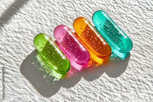 Colorful gel capsules with bubbles on white background creating shadows