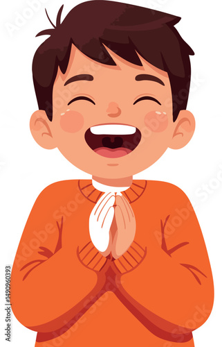 Happy boy laughing with hands clasped wearing orange sweater vector illustration 