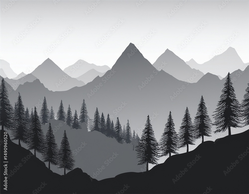 Fototapeta premium monochrome mountainscape silhouetted trees and peaks in gray landscape nature