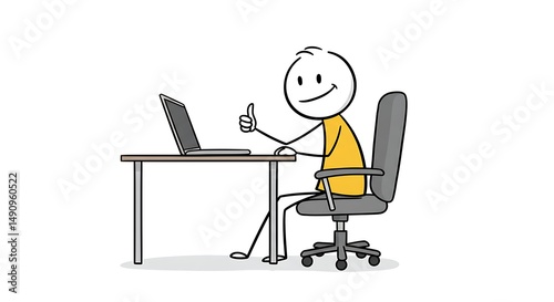 Stick figure using laptop at desk giving thumbs up gesture